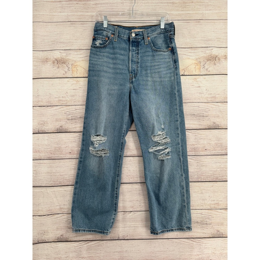 Levi's Premium Ribcage Straight Ankle Jeans Women 28 Blue Distressed High Rise